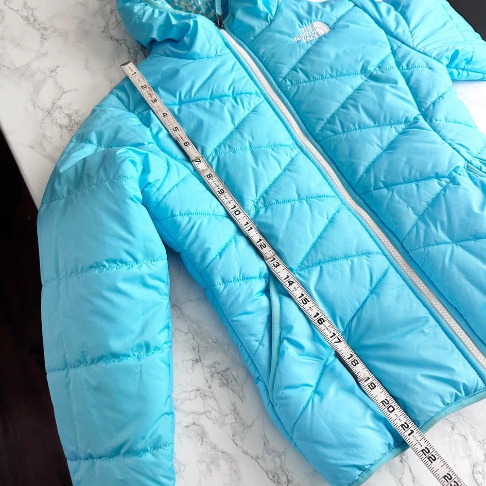 The North Face REVERSIBLE Puffer Jacket Girls Size Medium Blue Turquoise Orange